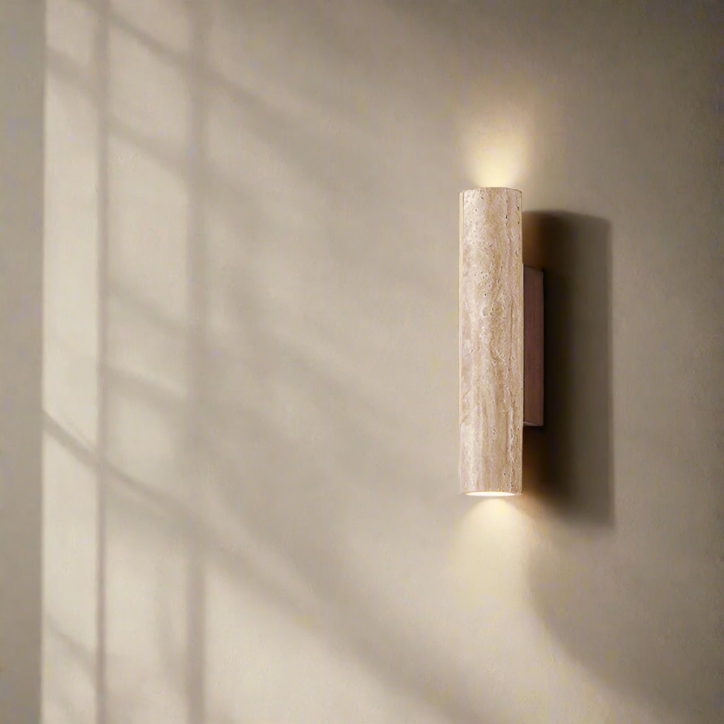 Japandi Travertine Wall Sconce with Up and Down Light and Wood Backplate