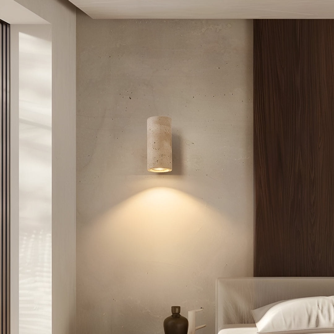 Japandi Travertine Wall Sconce with Up and Down Light and Wood Backplate