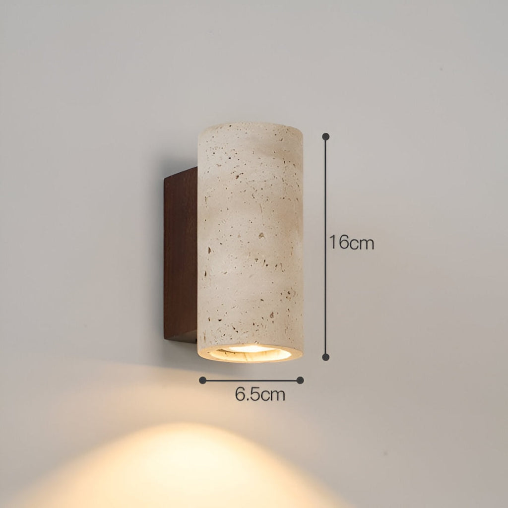 Japandi Travertine Wall Sconce with Up and Down Light and Wood Backplate