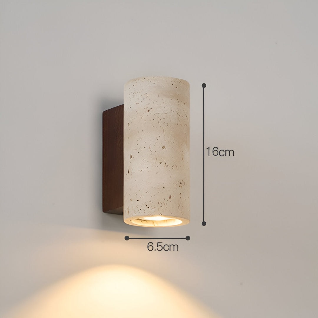 Japandi Travertine Wall Sconce with Up and Down Light and Wood Backplate