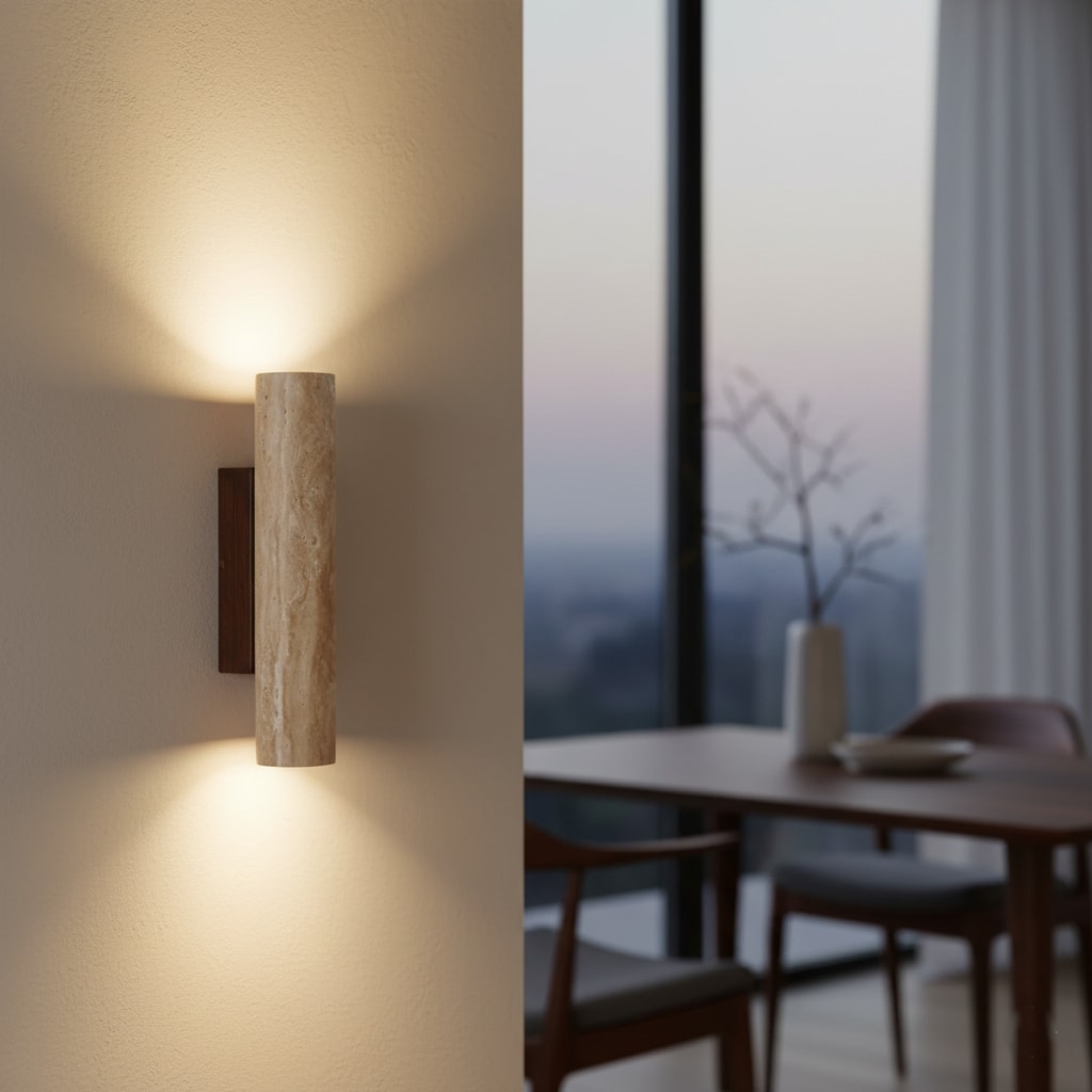 Japandi Travertine Wall Sconce with Up and Down Light and Wood Backplate