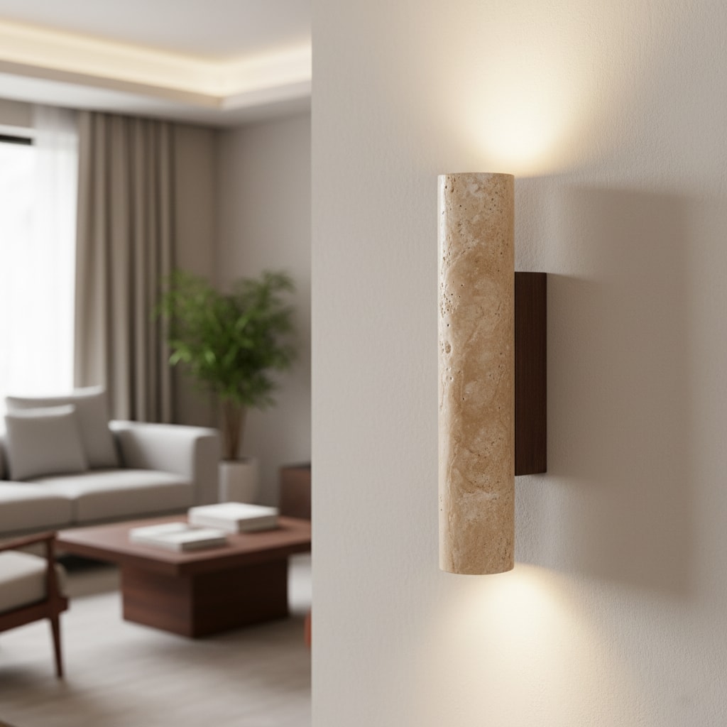 Japandi Travertine Wall Sconce with Up and Down Light and Wood Backplate