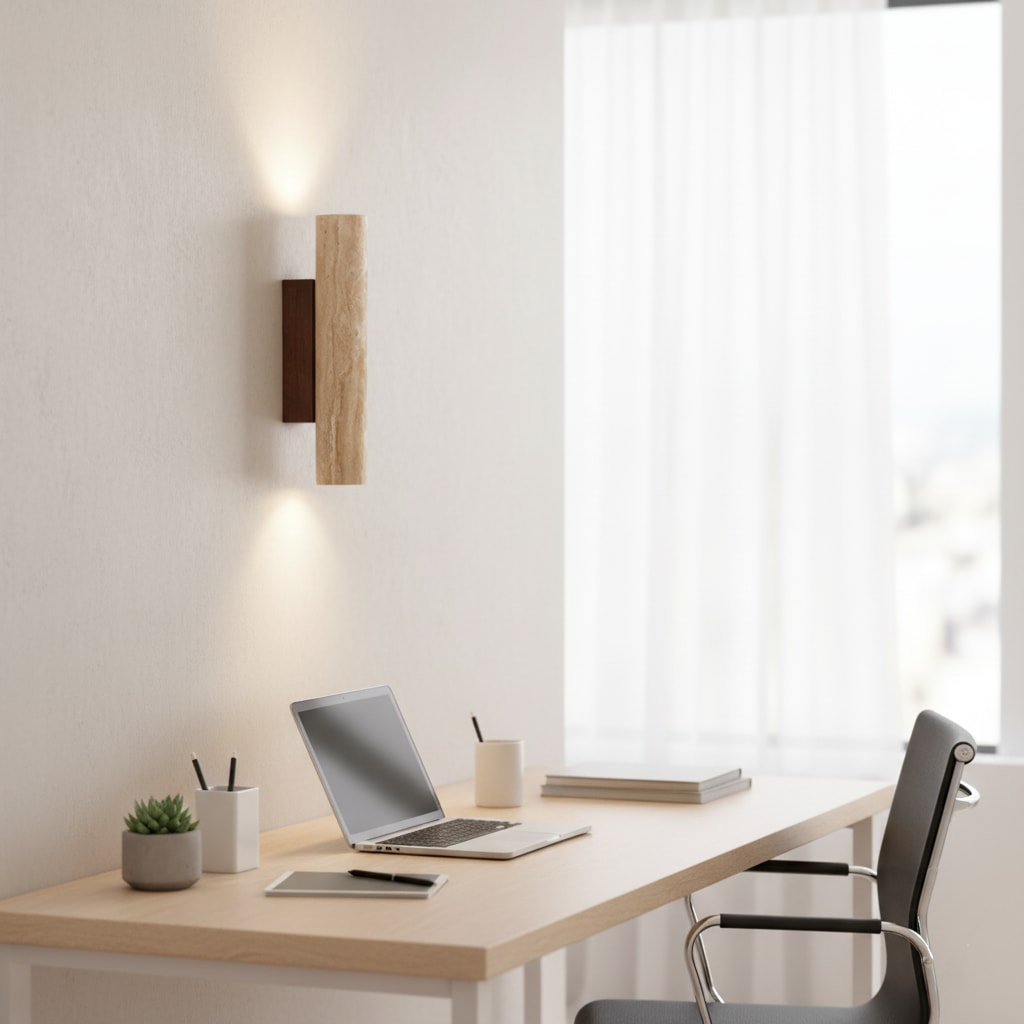 Japandi Travertine Wall Sconce with Up and Down Light and Wood Backplate
