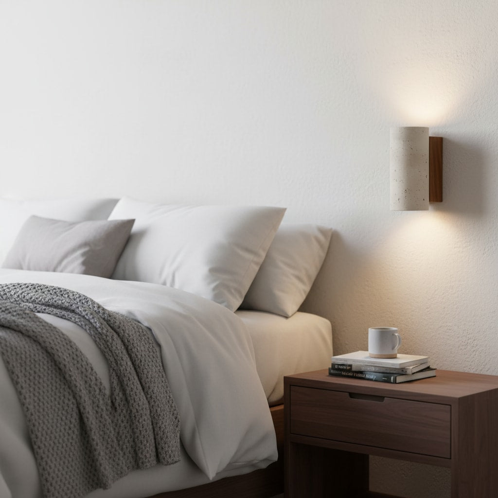 Japandi Travertine Wall Sconce with Up and Down Light and Wood Backplate