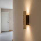 Japandi Travertine Wall Sconce with Up and Down Light and Wood Backplate