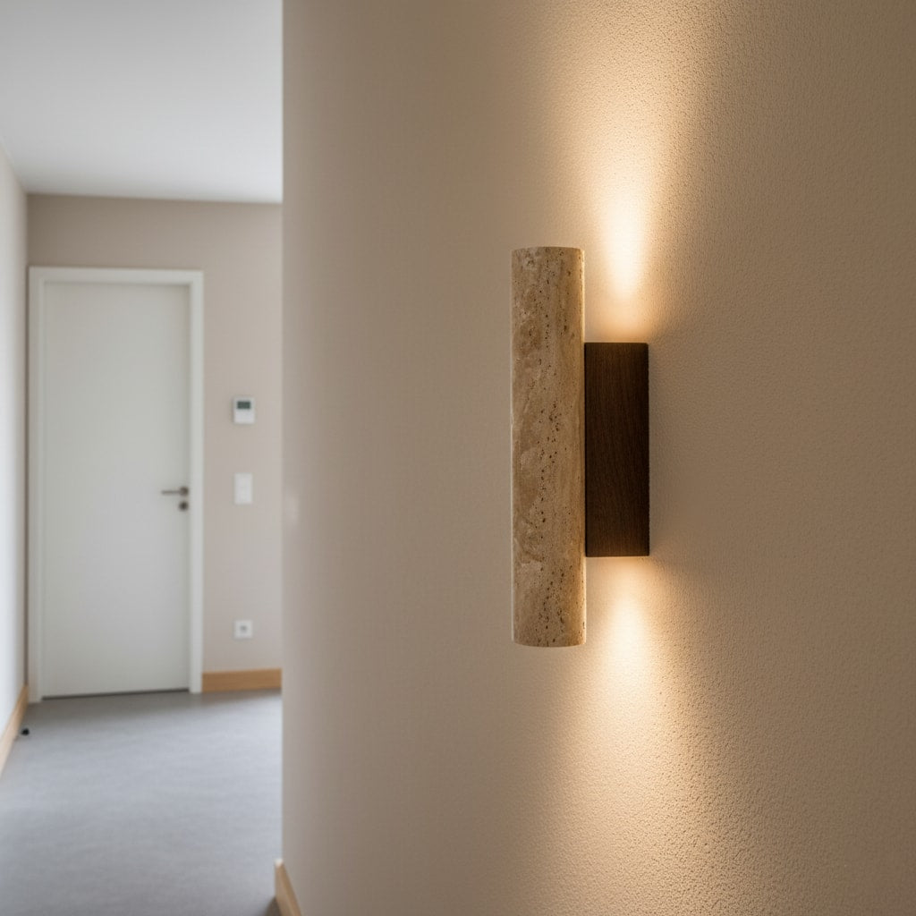 Japandi Travertine Wall Sconce with Up and Down Light and Wood Backplate