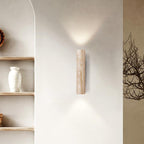 Japandi Travertine Wall Sconce with Up and Down Light and Wood Backplate