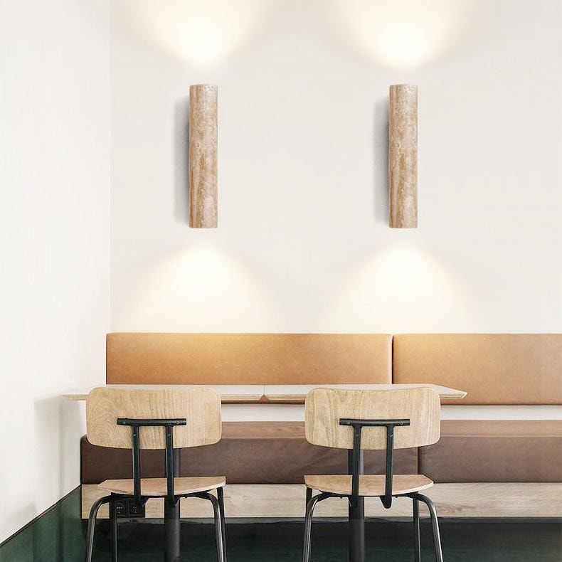 Japandi Travertine Wall Sconce with Up and Down Light and Wood Backplate