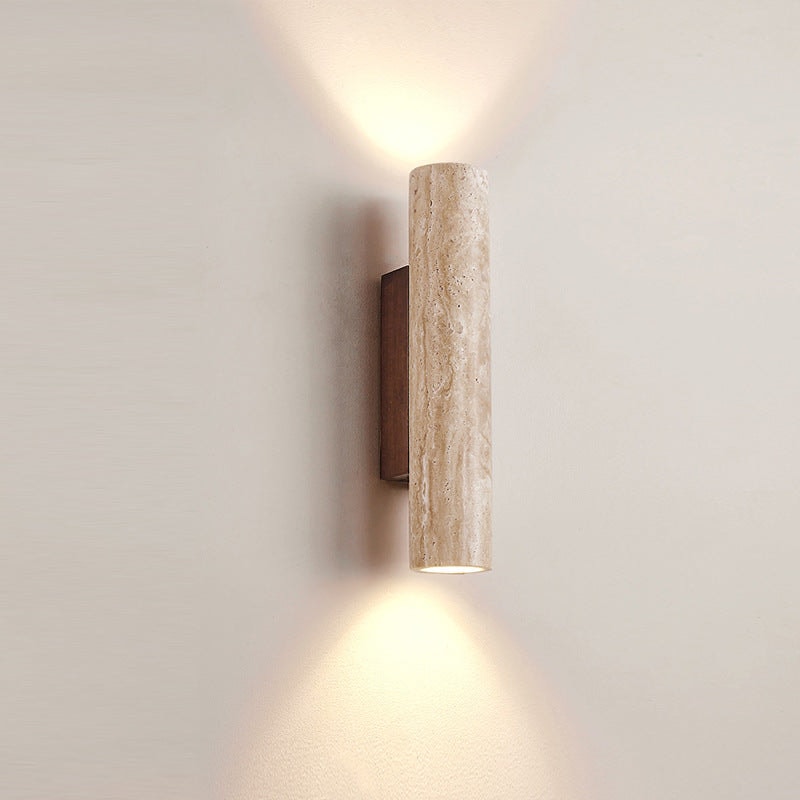 Japandi Travertine Wall Sconce with Up and Down Light and Wood Backplate