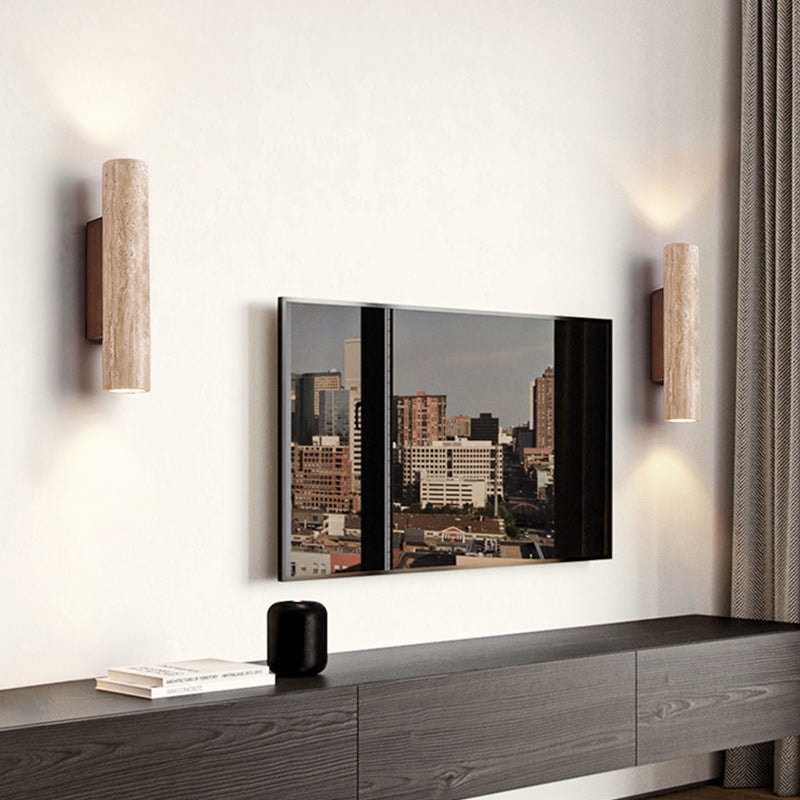 Japandi Travertine Wall Sconce with Up and Down Light and Wood Backplate