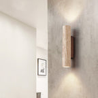 Japandi Travertine Wall Sconce with Up and Down Light and Wood Backplate