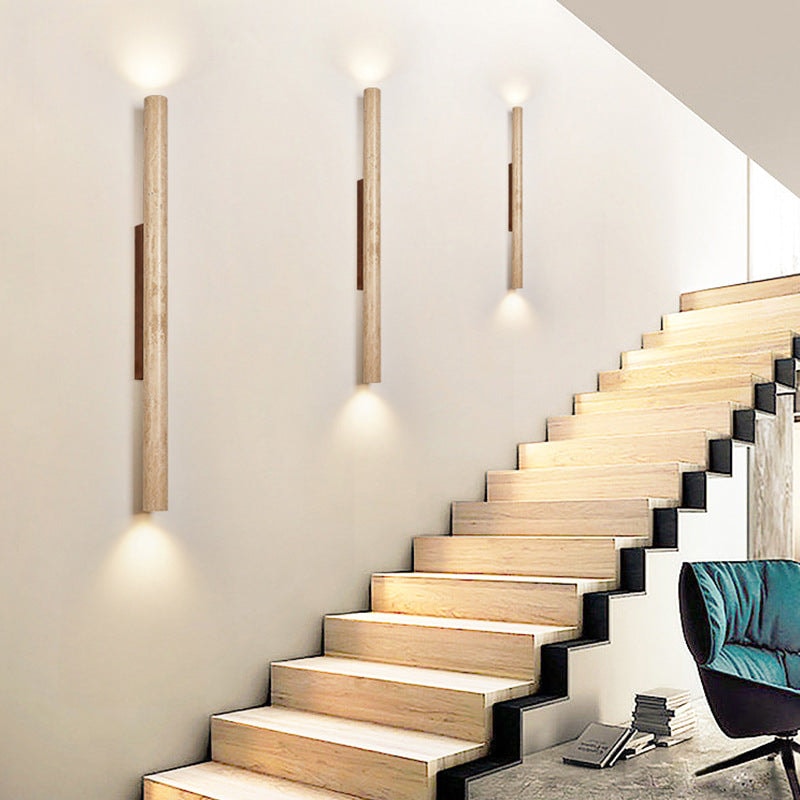 Japandi Travertine Wall Sconce with Up and Down Light and Wood Backplate