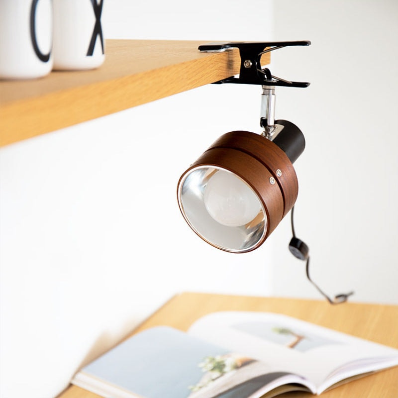 Japanese Style Wooden Clip On Spotlight Lamp with Adjustable Clamp