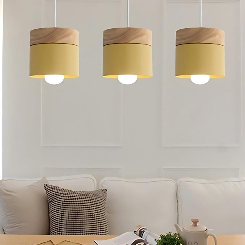 Modern Wood and Metal Cylinder Pendant Light
