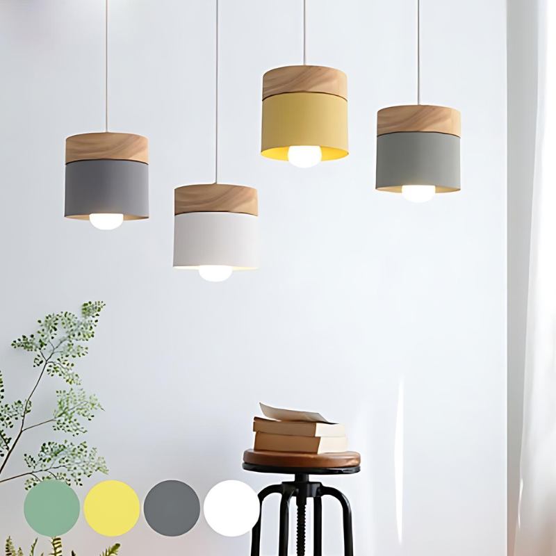 Modern Wood and Metal Cylinder Pendant Light