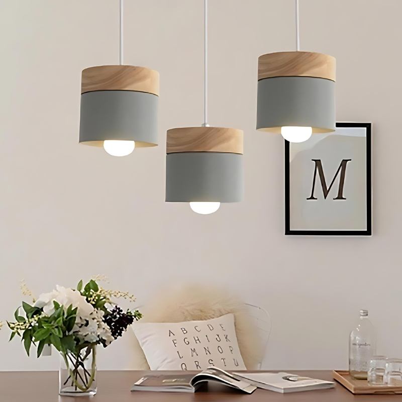 Modern Wood and Metal Cylinder Pendant Light