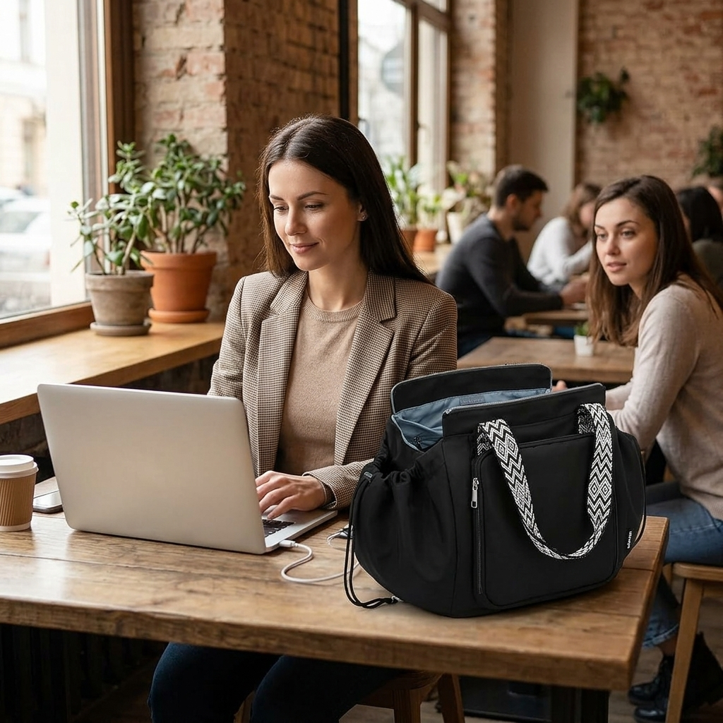 Convertible Nylon Tote Bag with Backpack Straps and Multiple Pockets