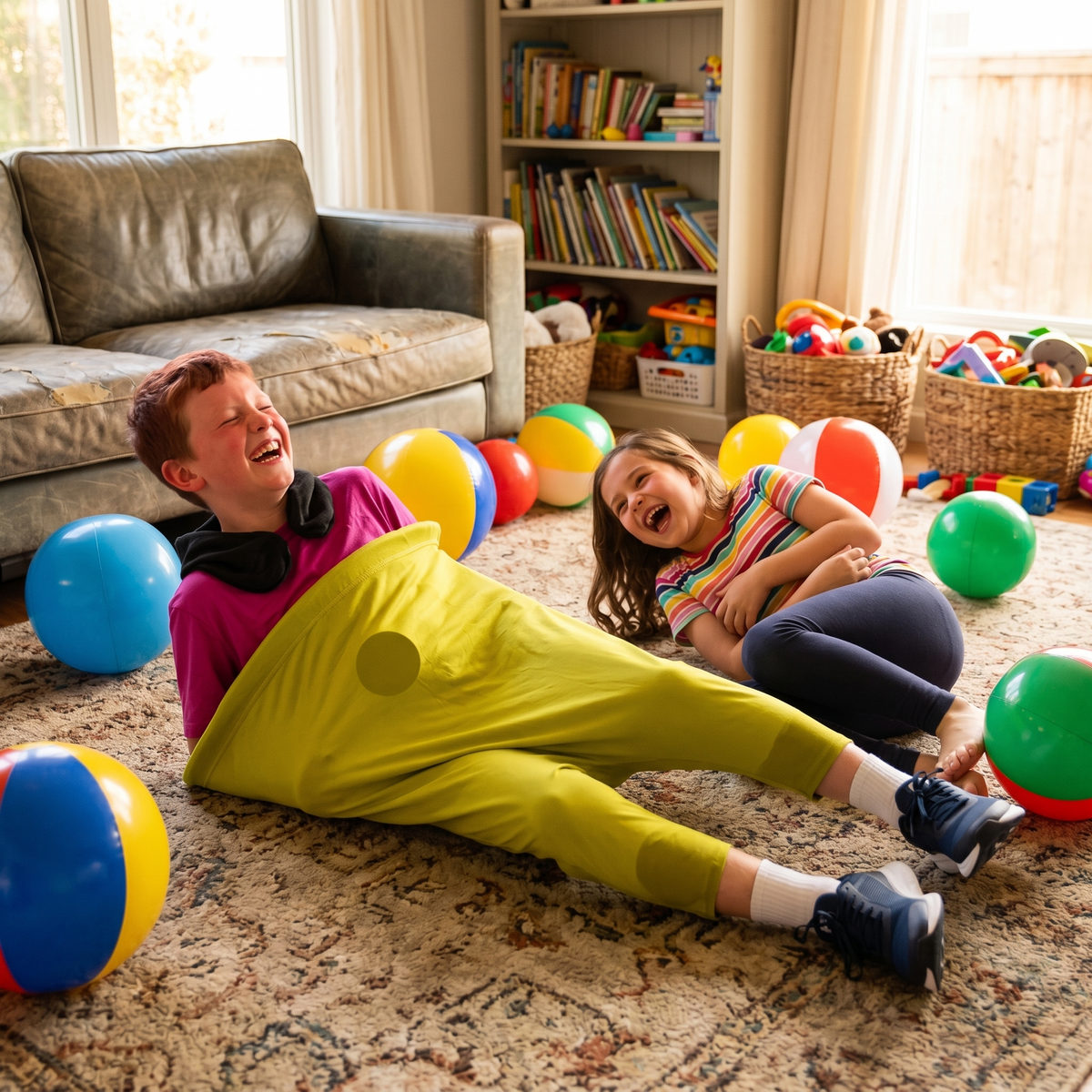 Giant Stretch Pants Ball Catching Party Game with Inflatable Beach Balls