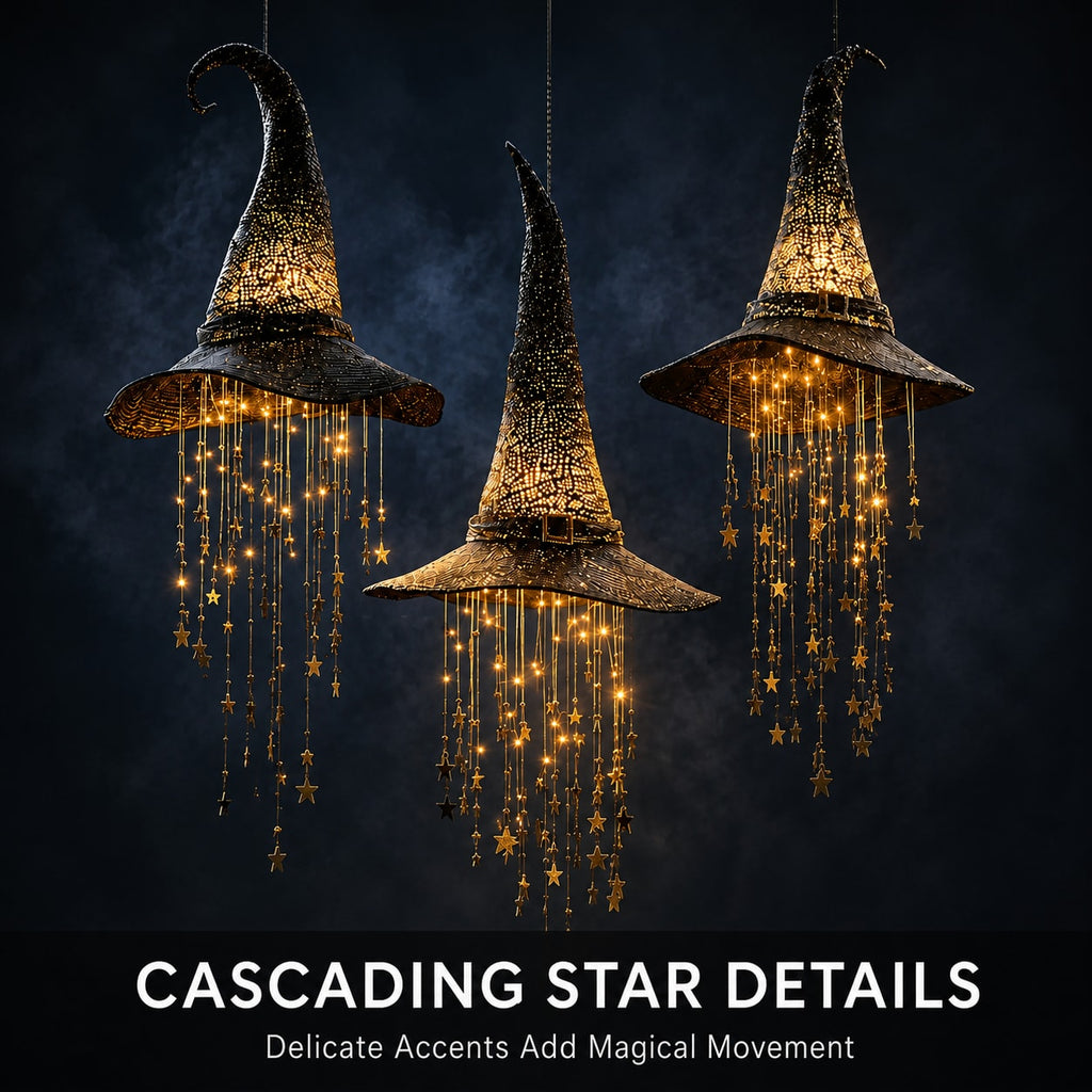 Lighted Witch Hat Hanging Decoration with Cascading Star Strands for Halloween