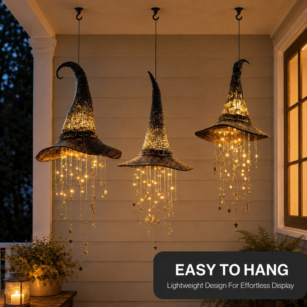 Lighted Witch Hat Hanging Decoration with Cascading Star Strands for Halloween