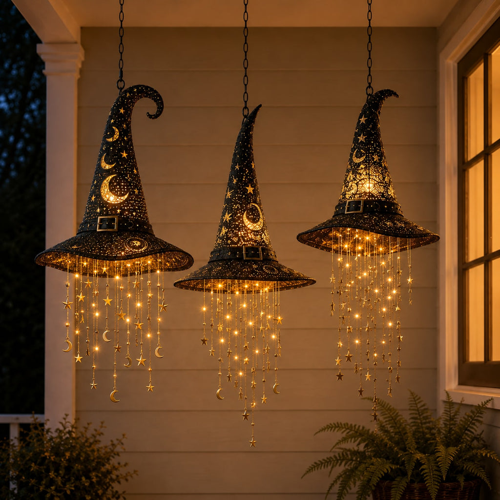 Lighted Witch Hat Hanging Decoration with Cascading Star Strands for Halloween