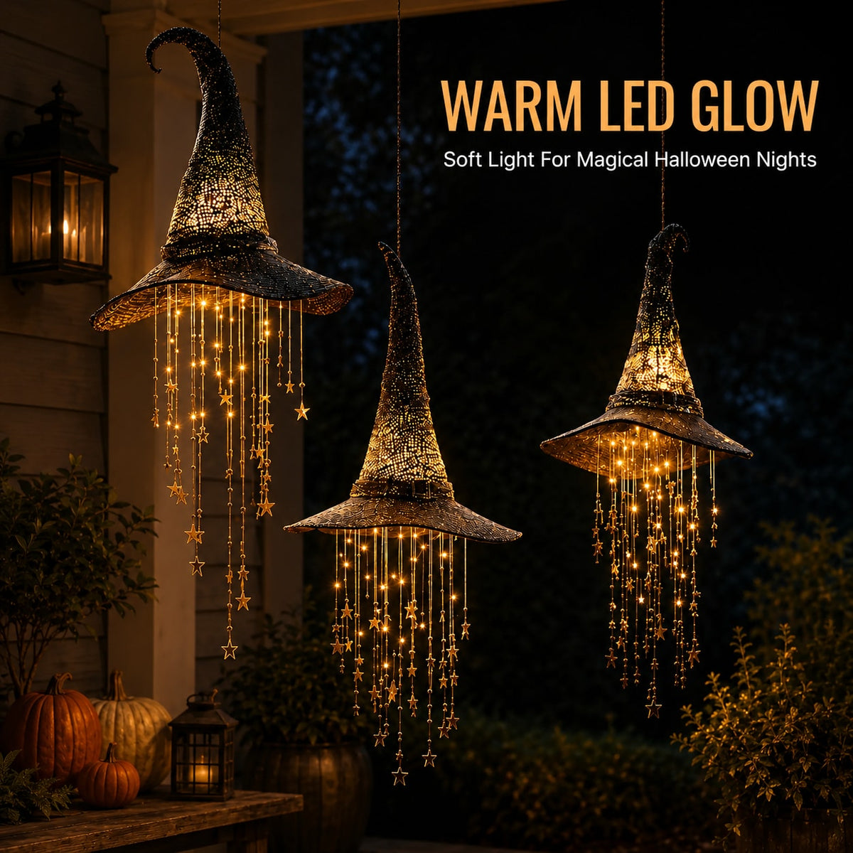 Lighted Witch Hat Hanging Decoration with Cascading Star Strands for Halloween
