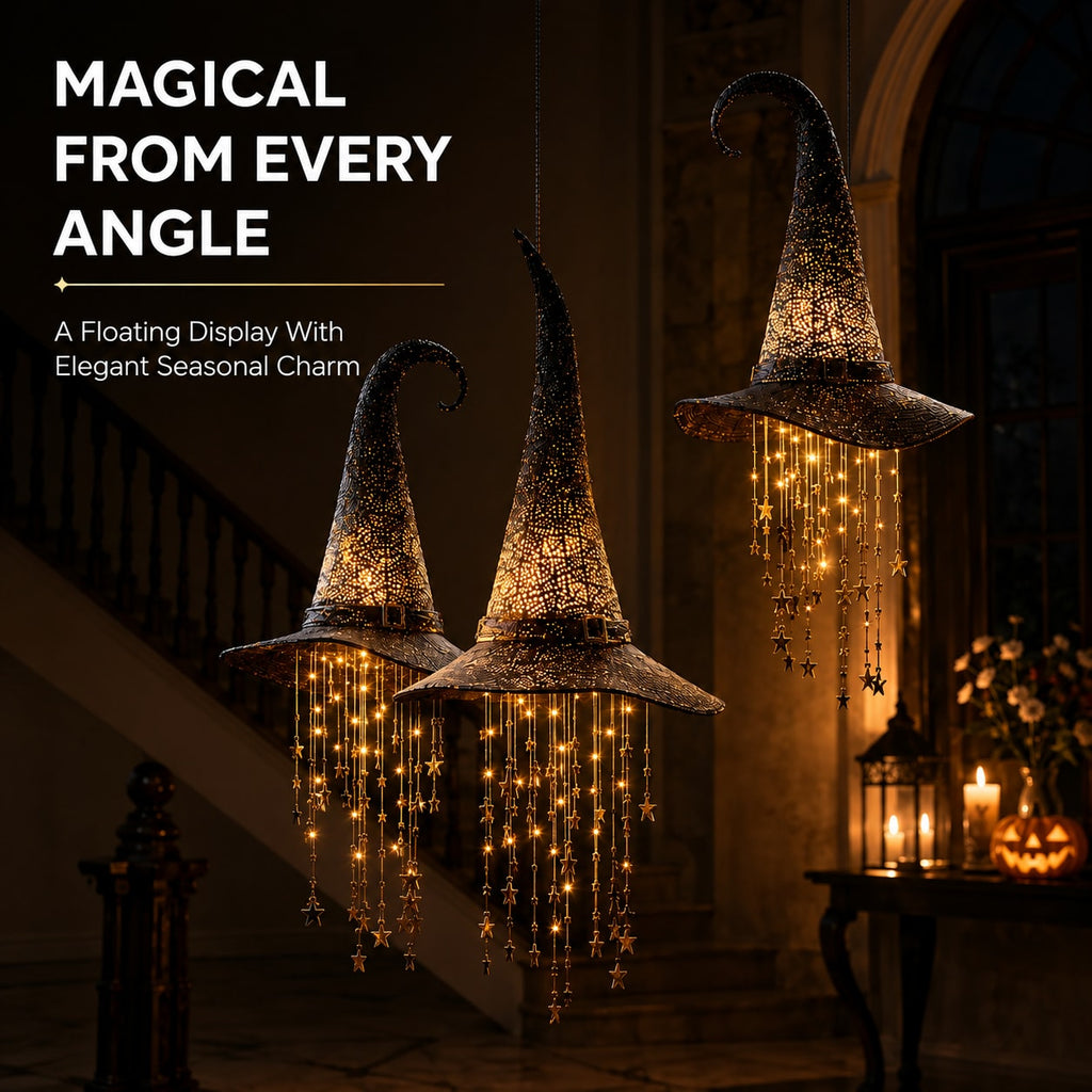 Lighted Witch Hat Hanging Decoration with Cascading Star Strands for Halloween