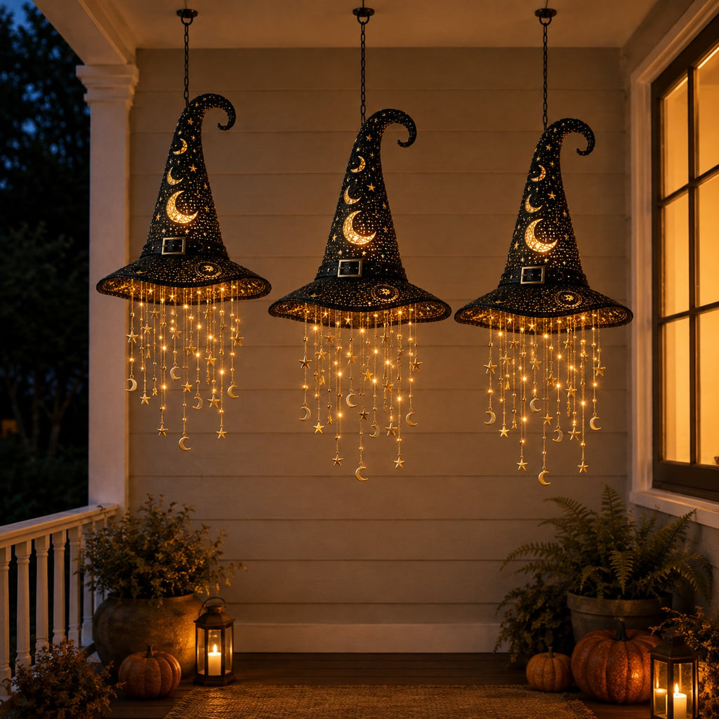 Lighted Witch Hat Hanging Decoration with Cascading Star Strands for Halloween