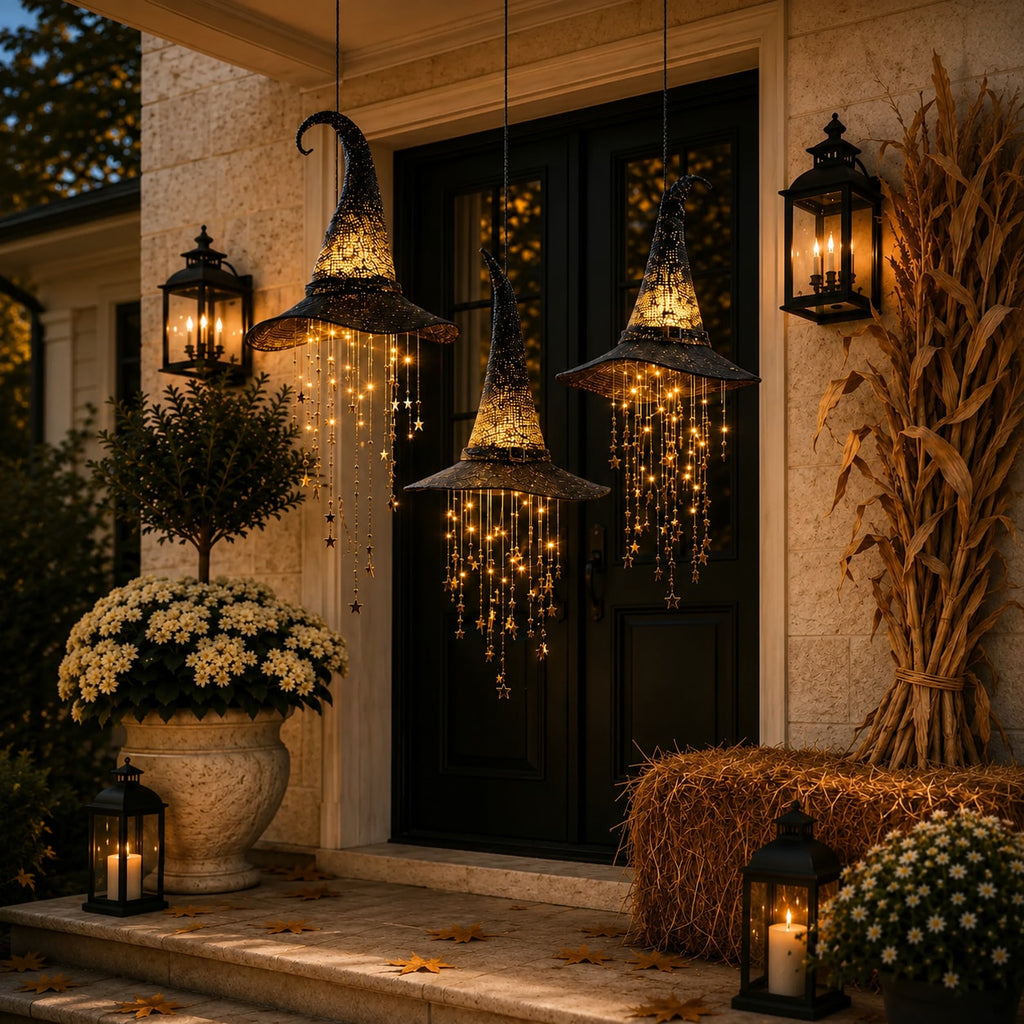 Lighted Witch Hat Hanging Decoration with Cascading Star Strands for Halloween