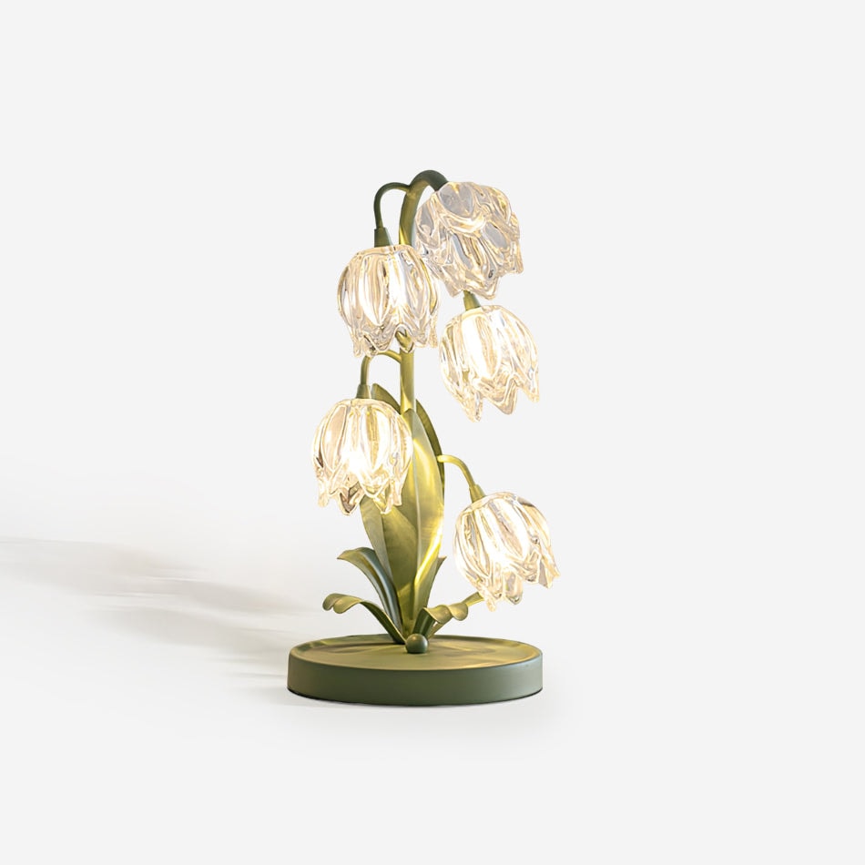 Lily of the Valley Glass Flower Table Lamp with Curved Green Metal Stem