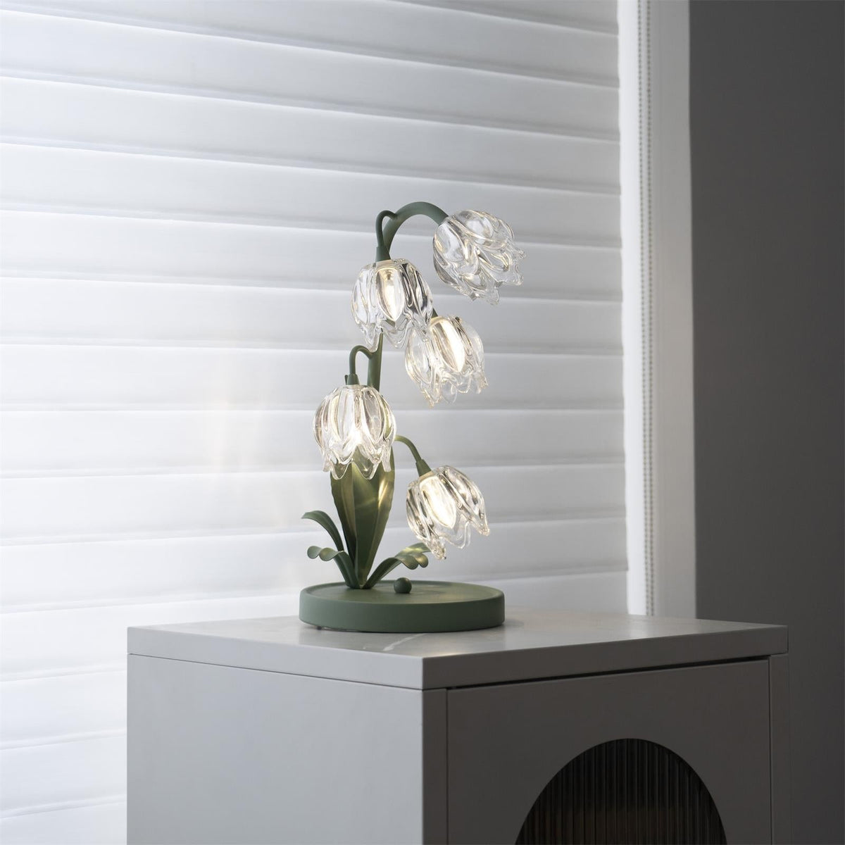 Lily of the Valley Glass Flower Table Lamp with Curved Green Metal Stem