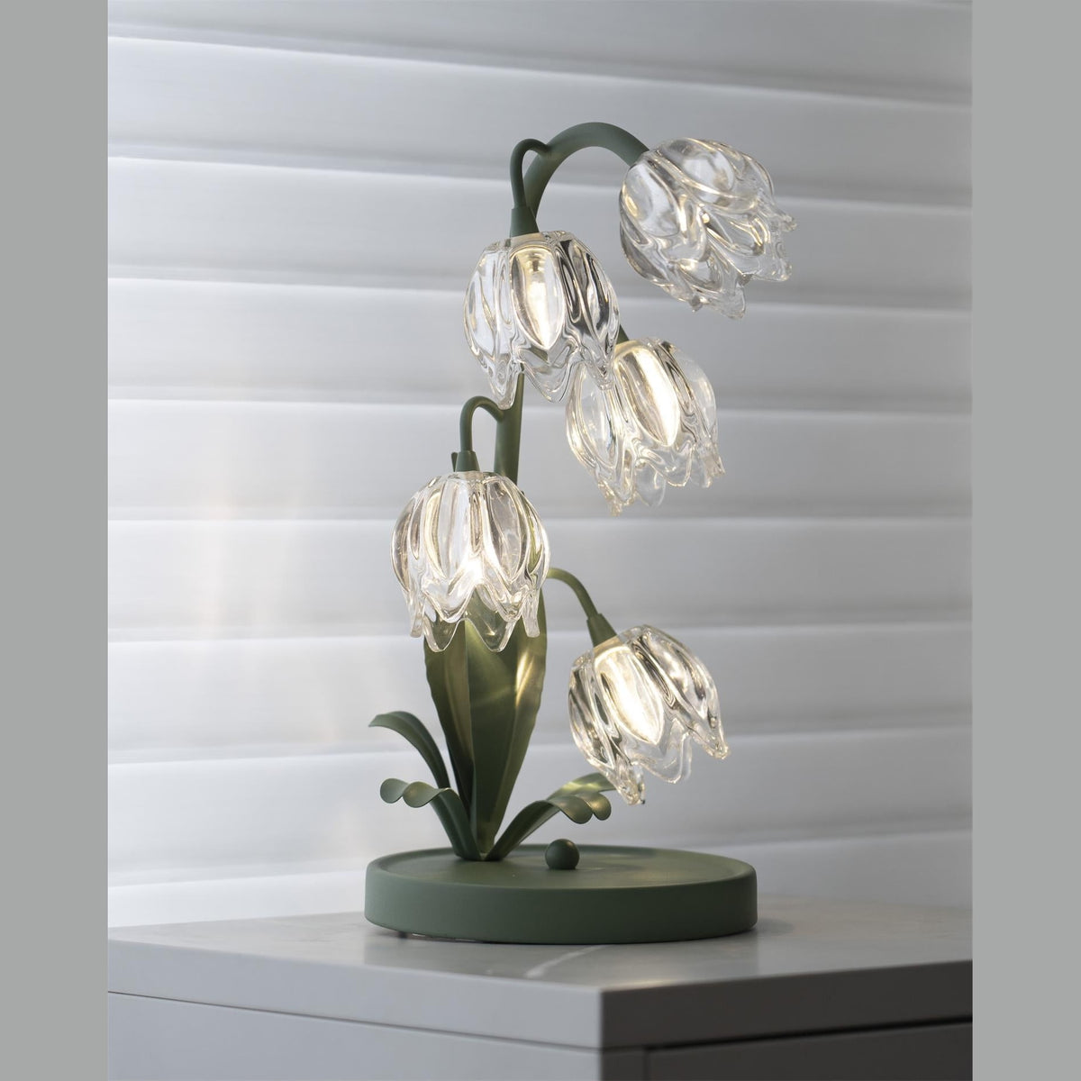 Lily of the Valley Glass Flower Table Lamp with Curved Green Metal Stem