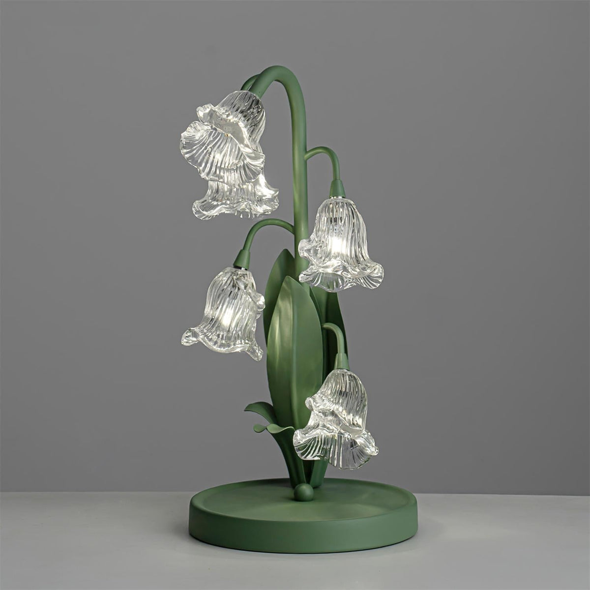 Lily of the Valley Glass Flower Table Lamp with Curved Green Metal Stem