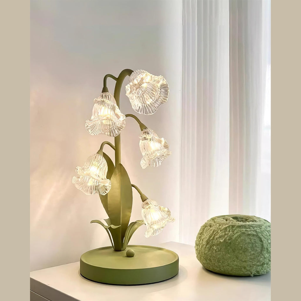 Lily of the Valley Glass Flower Table Lamp with Curved Green Metal Stem