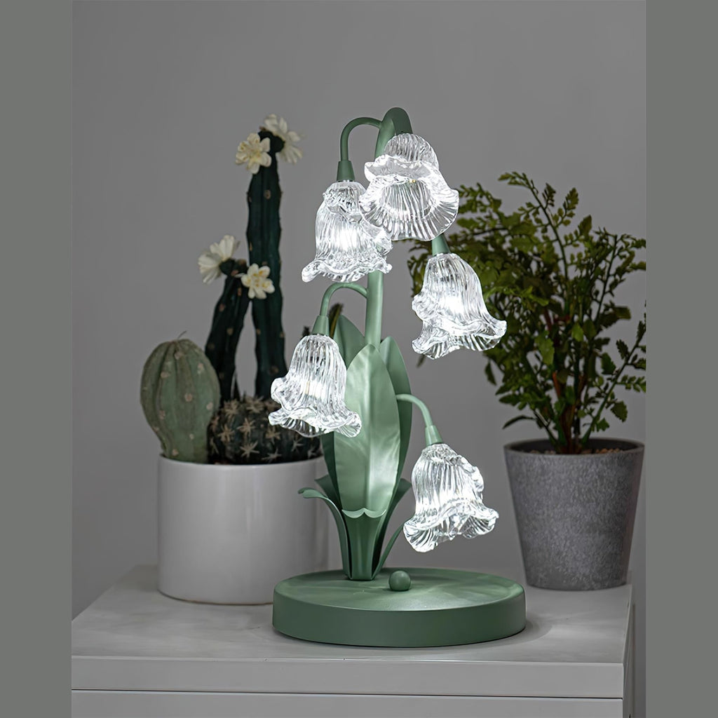 Lily of the Valley Glass Flower Table Lamp with Curved Green Metal Stem