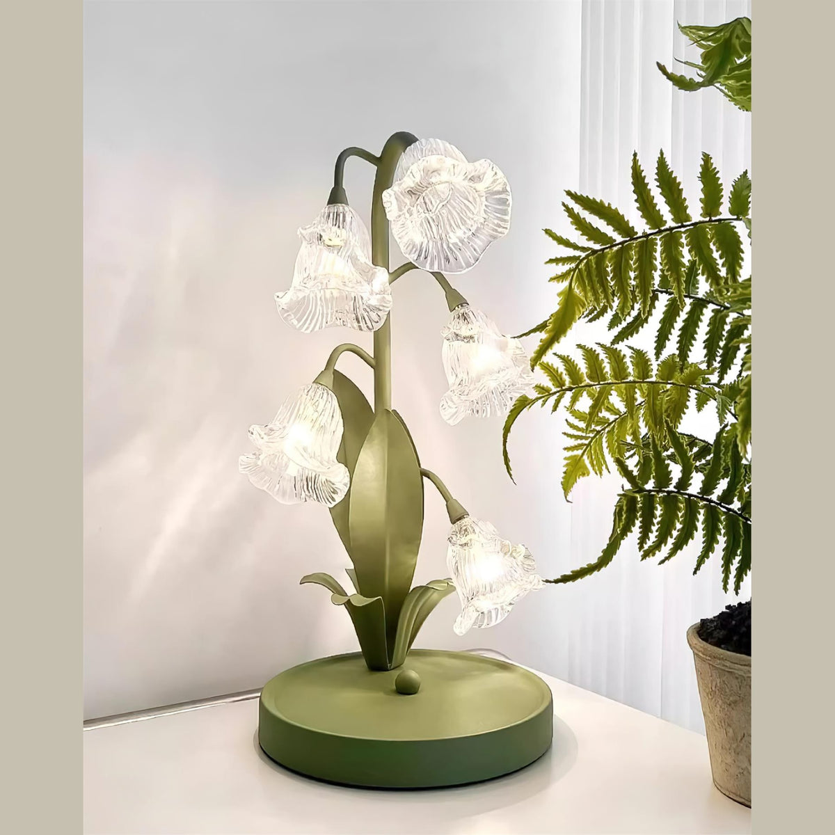 Lily of the Valley Glass Flower Table Lamp with Curved Green Metal Stem