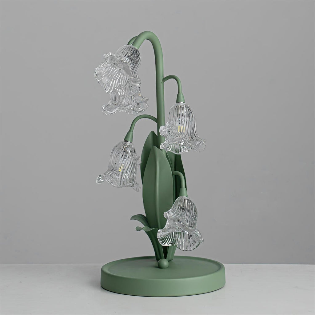 Lily of the Valley Glass Flower Table Lamp with Curved Green Metal Stem