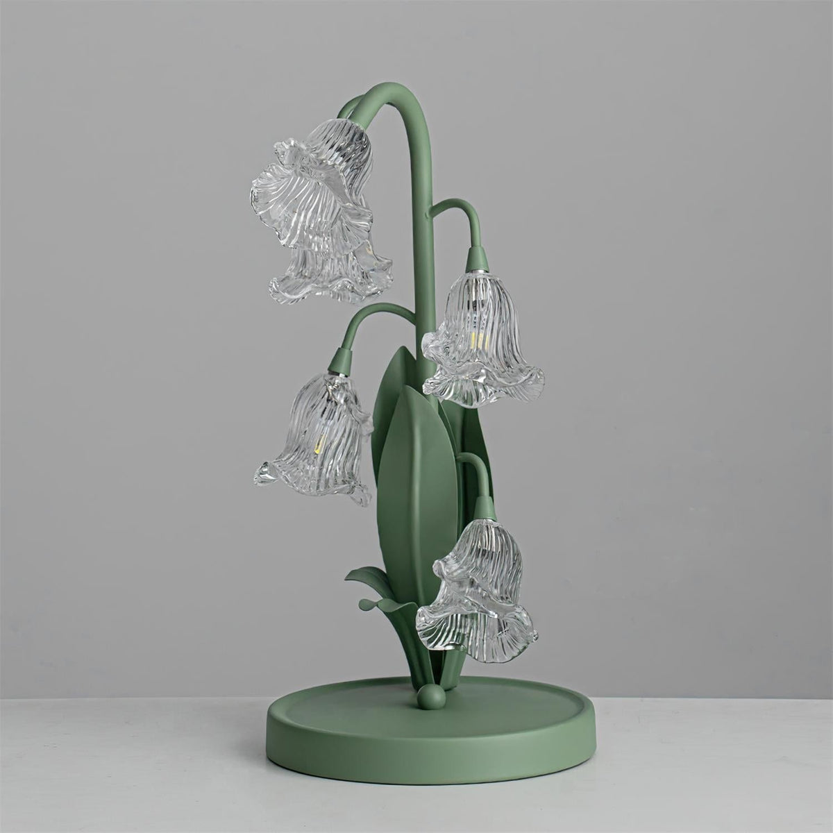 Lily of the Valley Glass Flower Table Lamp with Curved Green Metal Stem
