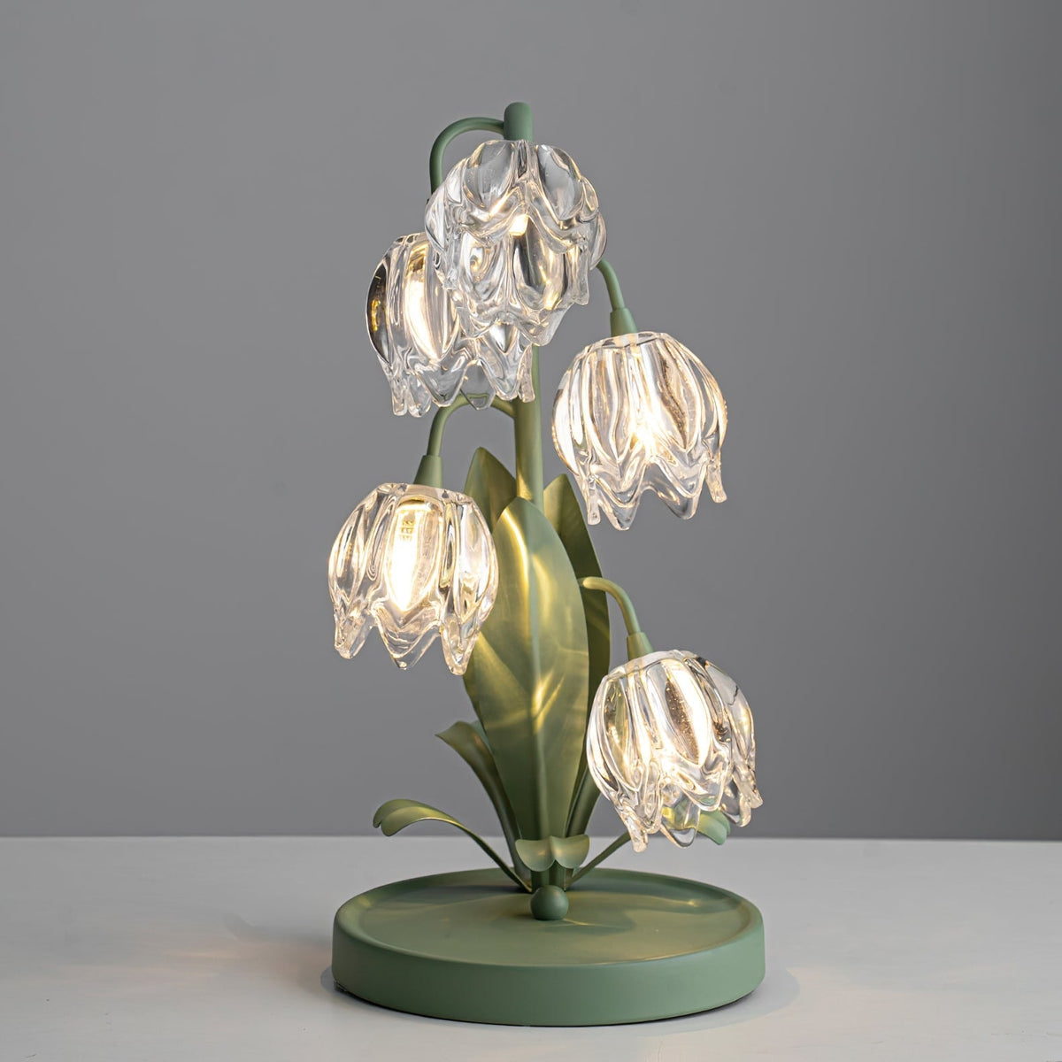 Lily of the Valley Glass Flower Table Lamp with Curved Green Metal Stem