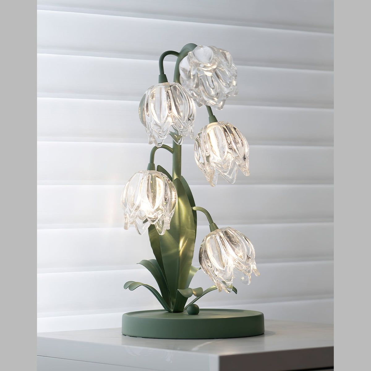Lily of the Valley Glass Flower Table Lamp with Curved Green Metal Stem