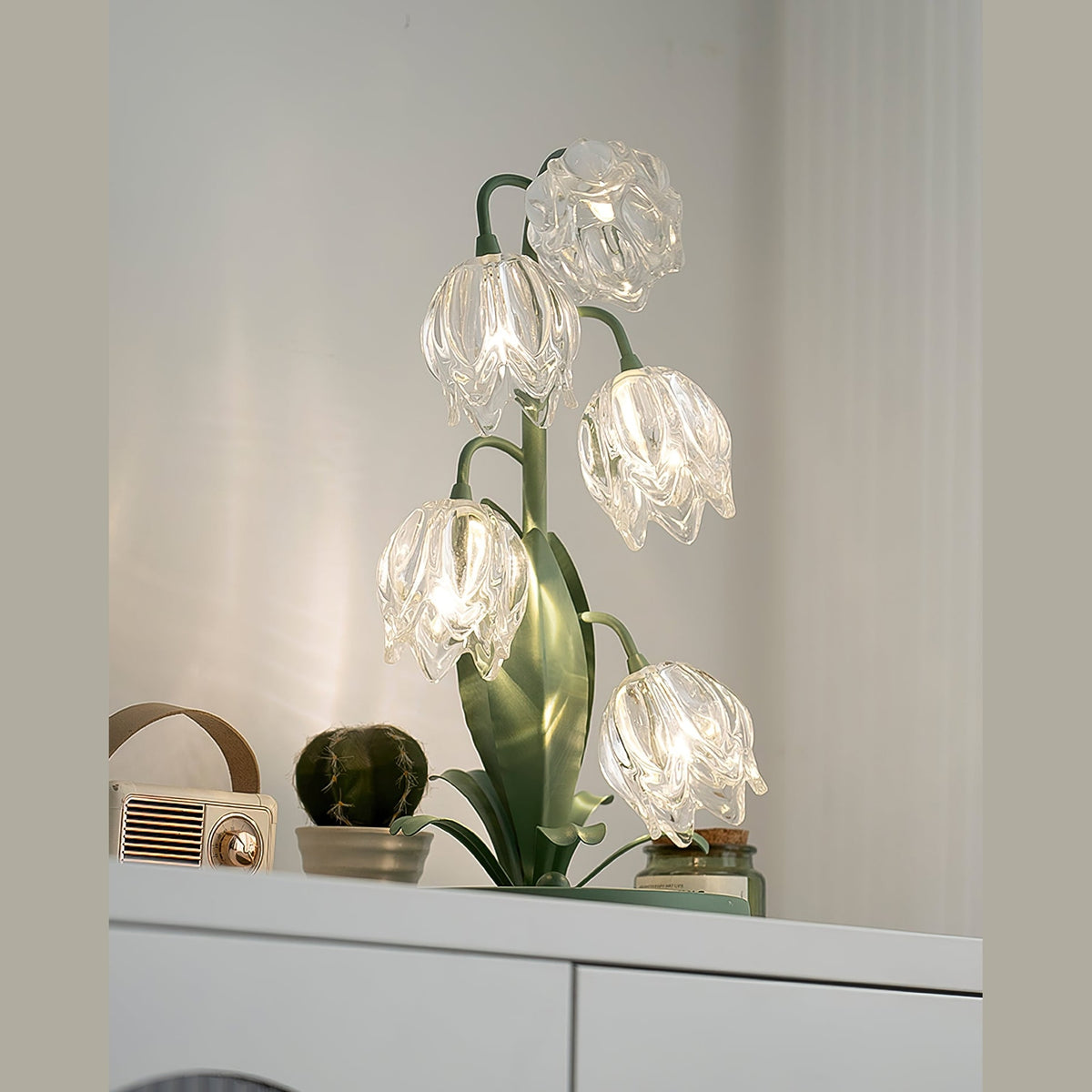 Lily of the Valley Glass Flower Table Lamp with Curved Green Metal Stem
