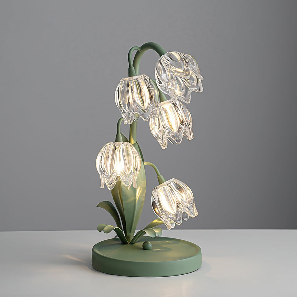 Lily of the Valley Glass Flower Table Lamp with Curved Green Metal Stem