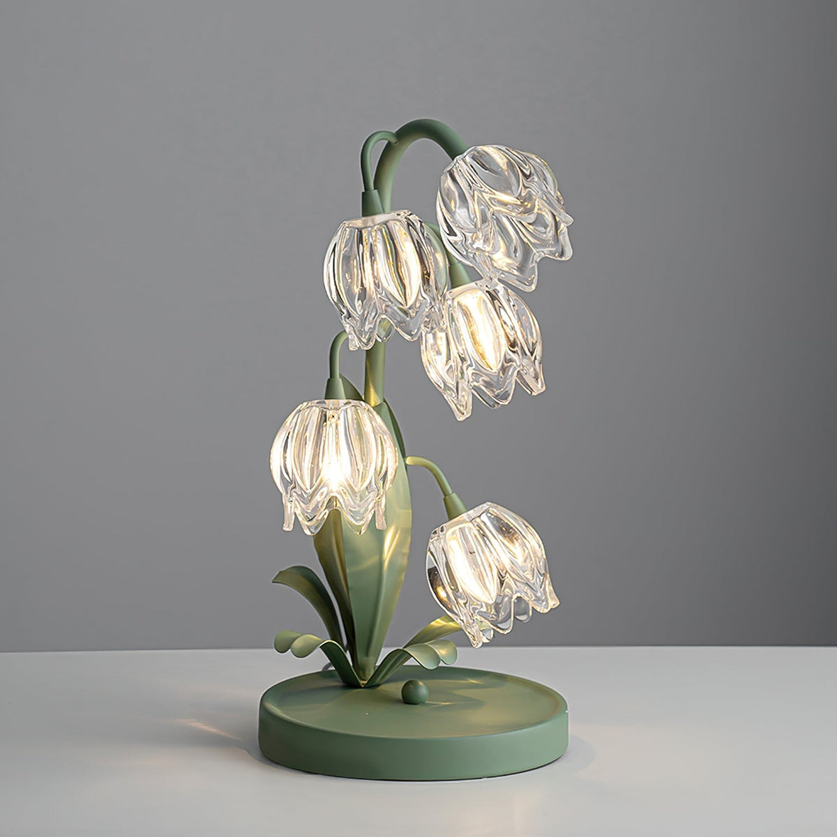 Lily of the Valley Glass Flower Table Lamp with Curved Green Metal Stem