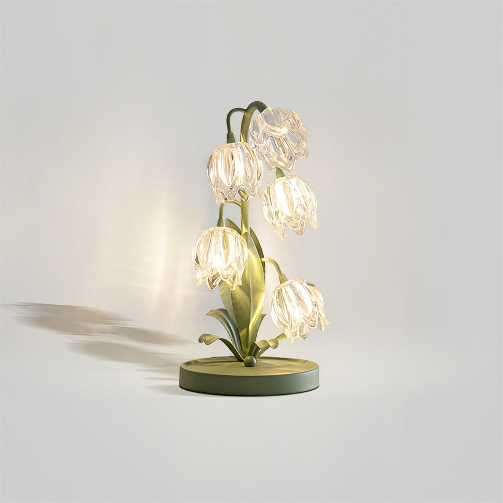 Lily of the Valley Glass Flower Table Lamp with Curved Green Metal Stem