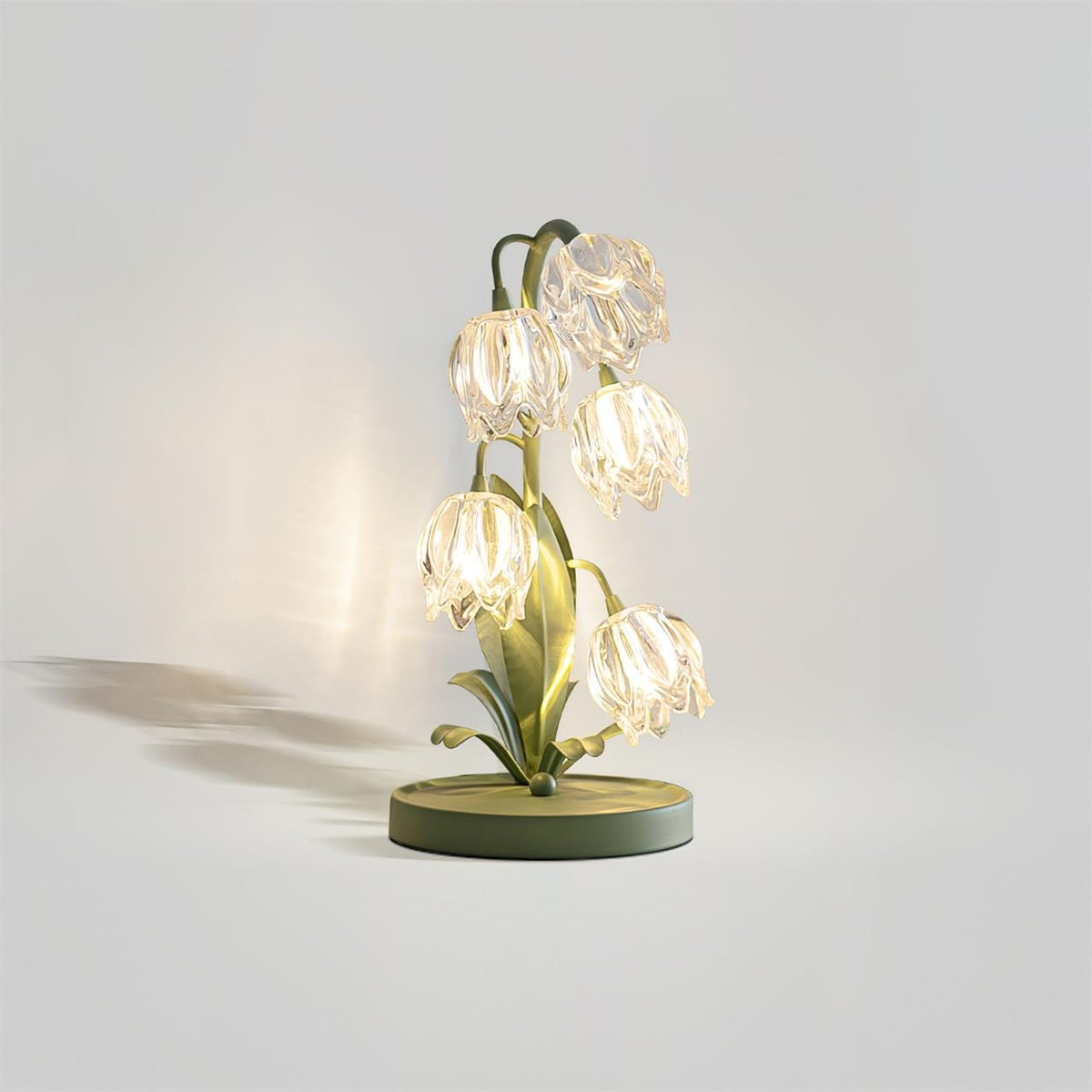 Lily of the Valley Glass Flower Table Lamp with Curved Green Metal Stem