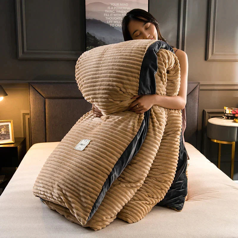 Velvet Fleece Duvet Cover Striped Plush Flannel Bedding Warm Soft Comforter Cover with Pillowcase Options Machine Washable