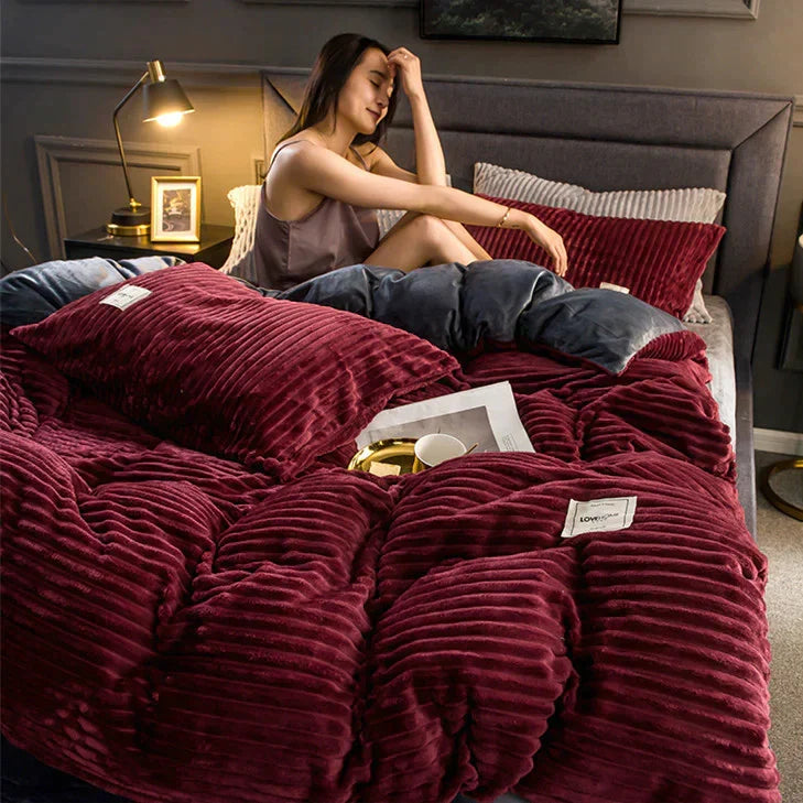 Velvet Fleece Duvet Cover Striped Plush Flannel Bedding Warm Soft Comforter Cover with Pillowcase Options Machine Washable
