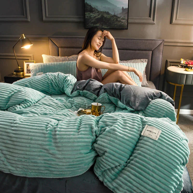 Velvet Fleece Duvet Cover Striped Plush Flannel Bedding Warm Soft Comforter Cover with Pillowcase Options Machine Washable