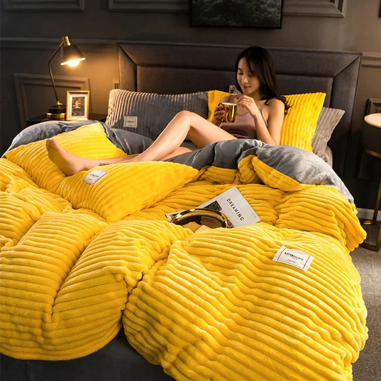 Velvet Fleece Duvet Cover Striped Plush Flannel Bedding Warm Soft Comforter Cover with Pillowcase Options Machine Washable
