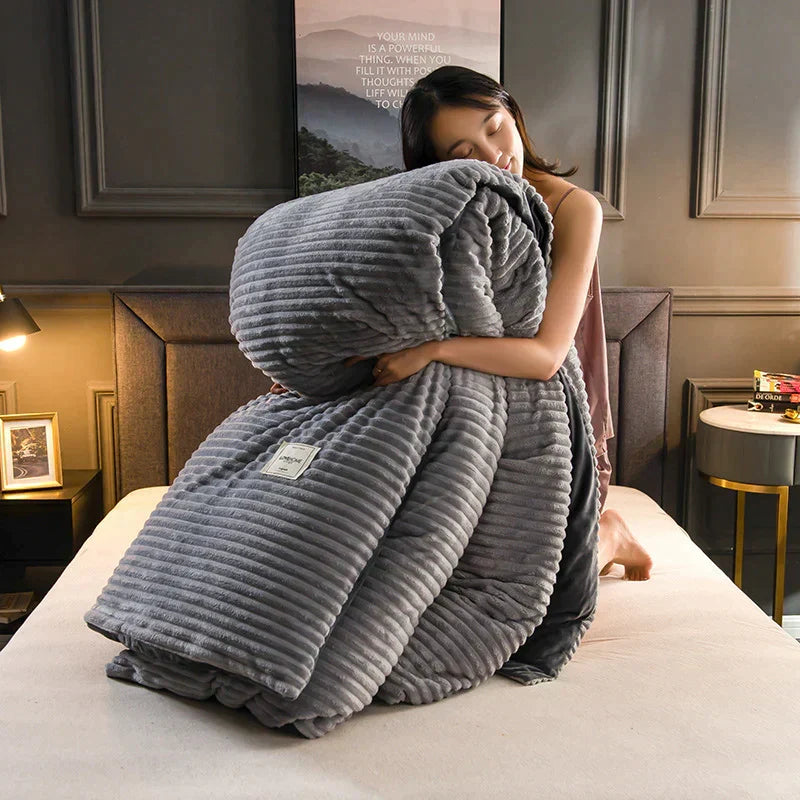 Velvet Fleece Duvet Cover Striped Plush Flannel Bedding Warm Soft Comforter Cover with Pillowcase Options Machine Washable
